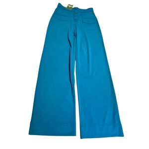 Halara Womens High Waisted Wide Leg Trousers Teal Blue Button Fly Pant S Regular